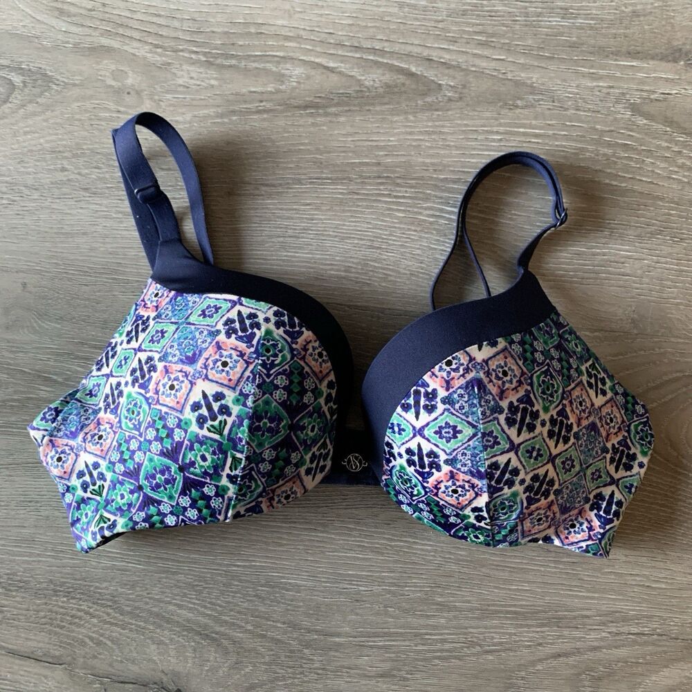 Victoria's Secret Blue Stretch Padded Push Up Bra 32B Floral Geometric